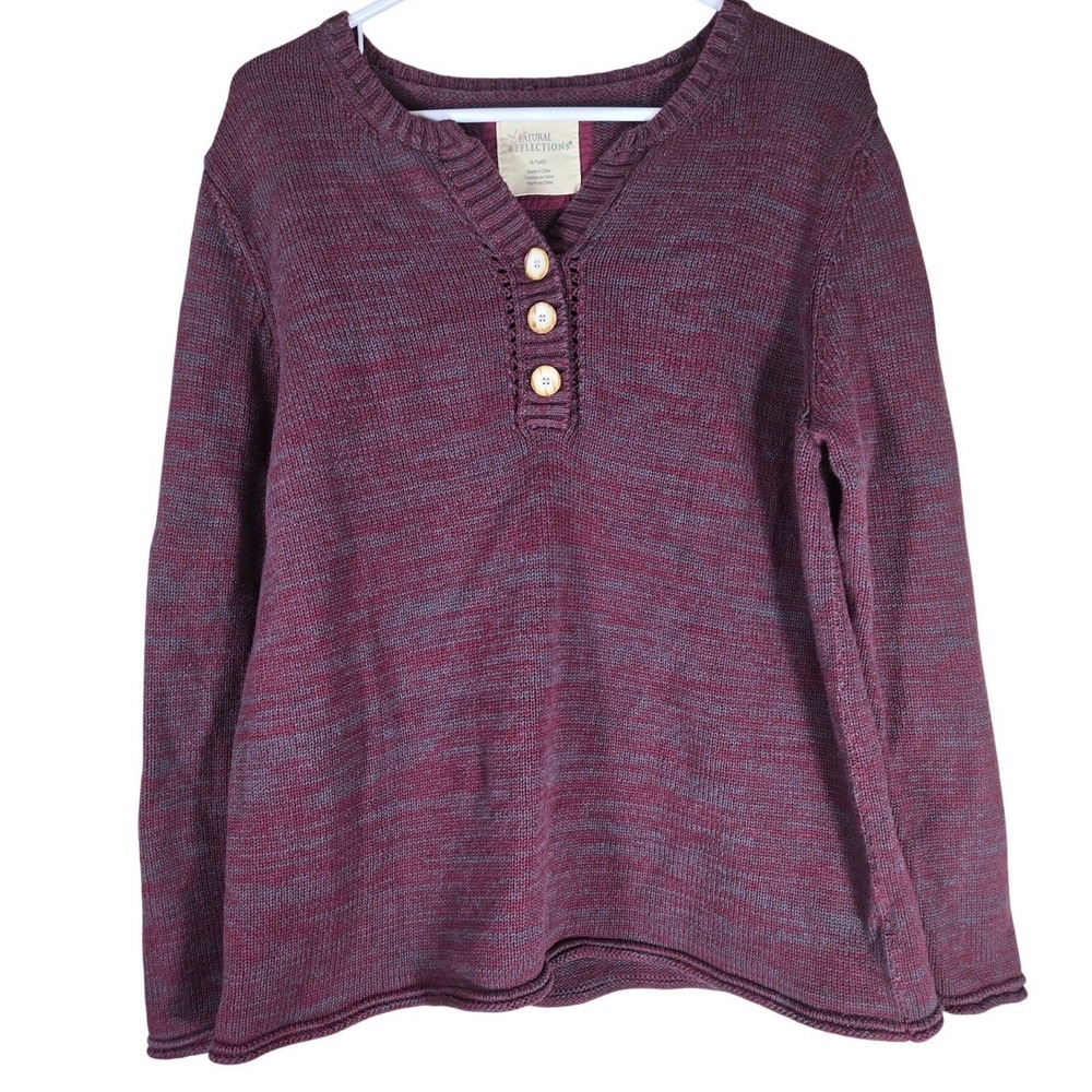 Natural Reflections Womens Burgundy Space Dye Cotton Henley Sweater Size Small